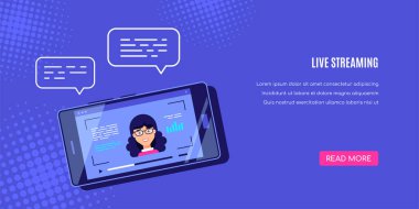 Çevrimiçi video oynatıcısı olan modern akıllı telefon. Mobil yayın, canlı yayın, mobil video, TV konsept pankartı. Düz biçim vektör tasarımı.
