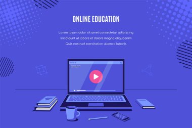 Çevrimiçi video oynatıcısı olan modern bir laptop. Çevrimiçi webinar, video eğitimi, online eğitim konsepti afişi. Düz biçim illüstrasyonu.