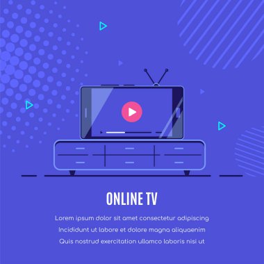 Çevrimiçi video oynatıcısı olan modern akıllı telefon. Mobil yayın, canlı yayın, mobil video, TV konsept pankartı. Düz biçim vektör tasarımı.