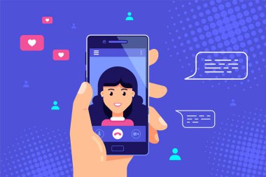 İnsan eli ekranda kadın karakterli akıllı telefonu tutuyor. Video görüşmesi, çevrimiçi görüntülü sohbet, internet teknolojisi konsept afişi. Düz Biçim vektör çizimi.