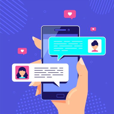 Akıllı telefonu tutan kadın, online sohbet baloncukları. Cep telefonu kurye konsepti, internet teknolojileri afiş tasarımı. Düz biçim vektör illüstrasyonu