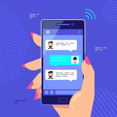 Akıllı telefonu tutan kadın, online sohbet baloncukları. Cep telefonu kurye konsepti, internet teknolojileri afiş tasarımı. Düz biçim vektör illüstrasyonu