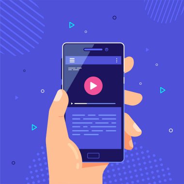 Ekranda video oynatıcısı olan cep telefonu tutan bir erkek. Mobil video uygulaması. Telefondaki video yayını. Düz biçim vektör tasarımı.