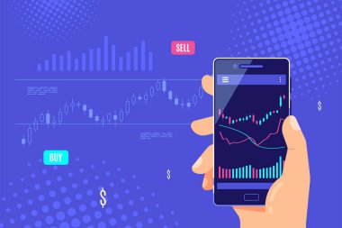 Erkek, ekranda şamdan grafiği olan akıllı telefonu tutuyor. Mobil ticaret uygulaması konsept pankart tasarımı. Düz biçim vektör illüstrasyonu.