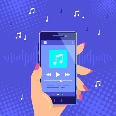 Ses veya radyo çalarken el ele tutuşan modern bir telefon. Akıllı telefon müzik çalar kullanıcı arayüzü kavramı. Media player uygulama pankartı tasarımı. Düz biçim vektör illüstrasyonu.