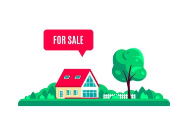 Yaz (ilkbahar) ağaçlı manzara, kır evi ve tabela beyaz arka planda izole edilmiş. Ev al ya da sat, emlak konsepti afişi. Düz biçim vektör illüstrasyonu
