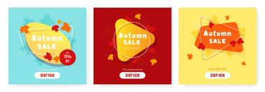 Sonbahar satış vektörü pankartı, sonbahar yaprakları, sonbahar tipografisi ve indirimli metin içeren soyut arkaplan tasarımı. Vektör illüstrasyonu.