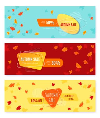 Sonbahar satış vektörü pankartı, sonbahar yaprakları, sonbahar tipografisi ve indirimli metin içeren soyut arkaplan tasarımı. Vektör illüstrasyonu.