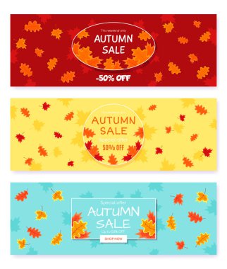 Sonbahar satış vektörü pankartı, sonbahar yaprakları, sonbahar tipografisi ve indirimli metin içeren soyut arkaplan tasarımı. Vektör illüstrasyonu.