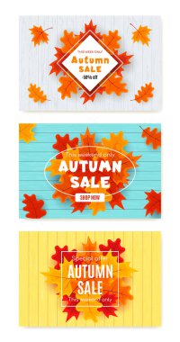 Sonbahar satış vektörü pankartı, sonbahar yaprakları, sonbahar tipografisi ve indirimli metin içeren soyut arkaplan tasarımı. Vektör illüstrasyonu.