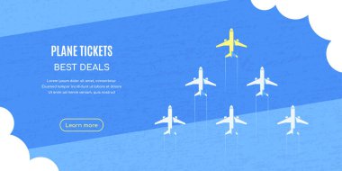 Bulutların üzerinde uçan uçaklar mavi dokulu arka plan, düz stil illüstrasyon, iş ilanı, web sitesi vs., seyahat, tatil, dünya konsepti