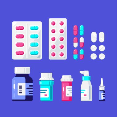 İlaç şişeleri, haplar ve tabletler hazır. Şişeler dolusu ilaç, haplar, kapsüller ve spreyler. Sağlık hizmeti, eczane, eczane konsept afişi. İlaç, ilaç konsepti..