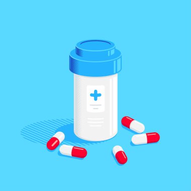 İlaç şişesi ve mavi arka planda haplar. Sağlık hizmeti, eczane, eczane konsept afişi. İlaç, ilaç konsepti. Düz biçim illüstrasyonu.