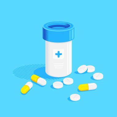 İlaç şişesi ve mavi arka planda haplar. Sağlık hizmeti, eczane, eczane konsept afişi. İlaç, ilaç konsepti. Düz biçim illüstrasyonu.