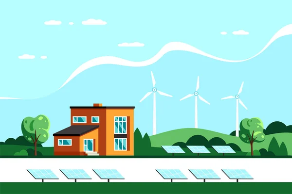 現代の家 ソーラーパネルと風力タービンの風景 エコハウス エネルギー効率の良い家 グリーンエネルギーの概念のバナーデザイン 平面図ベクトル図 — ストックベクタ