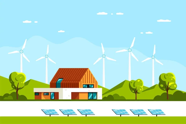 Krajobraz Nowoczesnym Domem Panelami Słonecznymi Turbinami Wiatrowymi Eco House Energy — Wektor stockowy