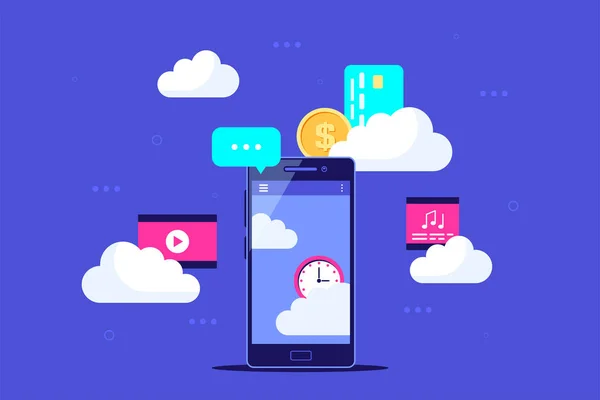 Smartphone Moderno Con Nubes Iconos Cloud Technologies Conceptt Banner Ilustración — Vector de stock