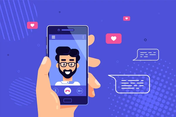 Ludzka Ręka Trzyma Smartfona Męskim Charakterem Ekranie Połączenie Wideo Czat — Wektor stockowy