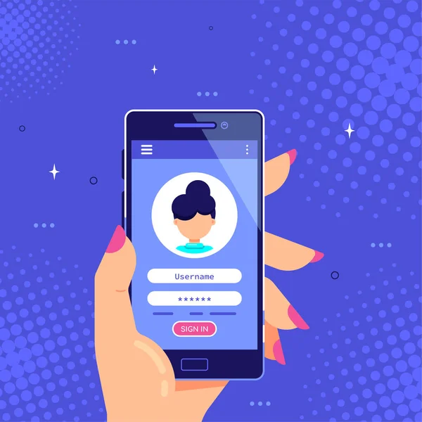 Žena Ruka Držící Smartphone Přihlašovací Heslo Formulář Stránky Obrazovce Přihlaste — Stockový vektor