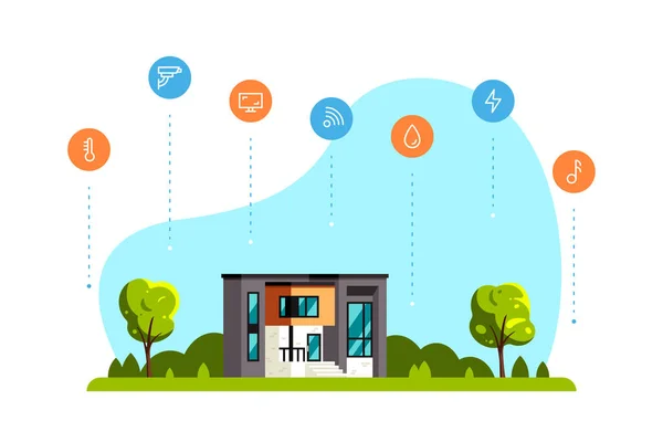 Paisagem Verão Brilhante Com Casa Moderna Árvores Ícones Conceito Design —  Vetores de Stock