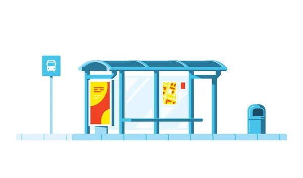 巴士站有巴士站标志 垃圾箱在白色背景上 平面样式矢量图解 — 图库矢量图片