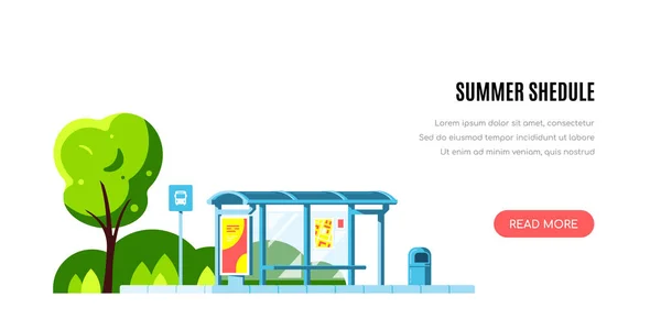 夏天的风景 有巴士站和白色背景的树 夏季剪贴画概念横幅设计 平面样式矢量图解 — 图库矢量图片
