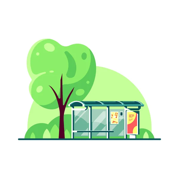Spring Landscape Bus Stop Tree Isolated White Background Flat Style — Stock Vector