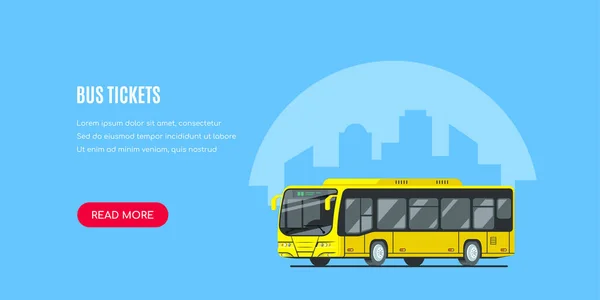 背景に大きな都市のシルエットを持つ都市バス バスチケットのコンセプトバナーデザイン 平面図ベクトル図 — ストックベクタ