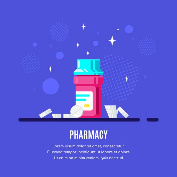 药瓶和蓝色背景的药丸医疗保健 药店概念横幅 药物概念 平面风格插图 — 图库矢量图片