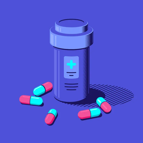 青い背景に薬瓶と錠剤 ドラッグストアのコンセプトバナー 薬の概念 平面図 — ストックベクタ