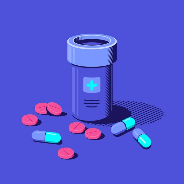 Garrafa Remédio Pílulas Fundo Azul Cuidados Saúde Farmácia Banner Conceito —  Vetores de Stock