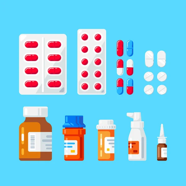 Set Flaconi Pillole Compresse Flaconi Farmaci Compresse Capsule Spray Sanità — Vettoriale Stock