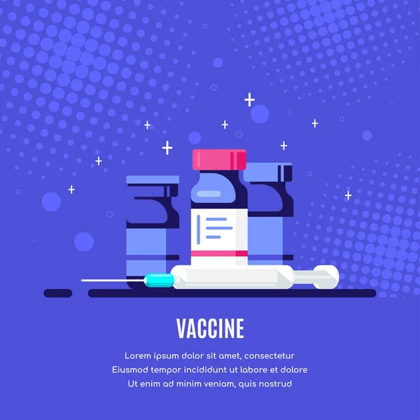 Impfstoffflaschen Mit Spritze Auf Blauem Hintergrund Medizinische Behandlung Impfstoffentwicklung Und — Stockvektor