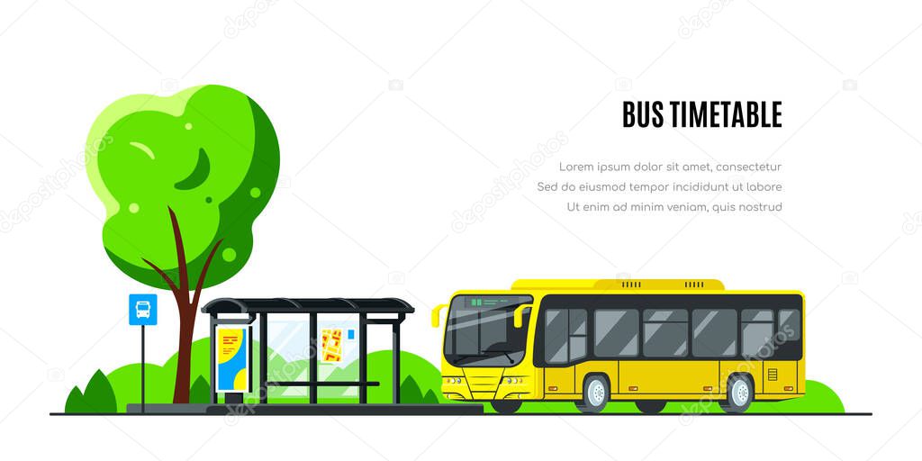 City bus on bus stop. Bus timetable concept banner design. Flat style vector illustration.