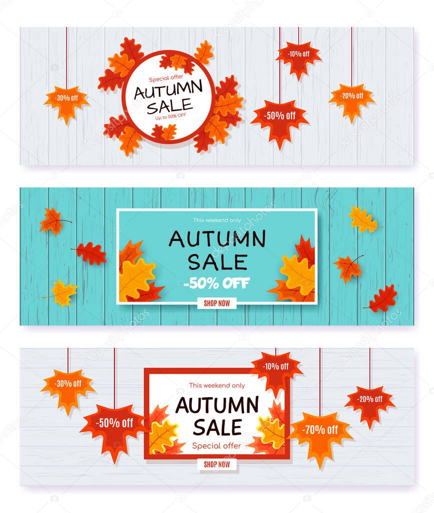 Set of autumn sale vector banner abstract background design with fall leaves, autumn typography and discount text. Vector illustration.