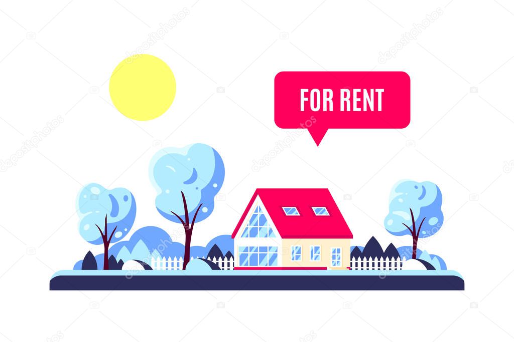 Winter landscape with forest family home, trees, sun and for rent sign. Real estate concept. Vector illustration in flat design style