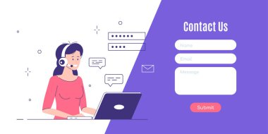 Web ve İniş Sayfası için bizimle bağlantı kurun. Kulaklıklı kadın ve dizüstü bilgisayarı olan mikrofon. Destek, yardım ve çağrı merkezi kavramını kabul et. 