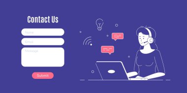 Web ve İniş Sayfası için bizimle bağlantı kurun. Kulaklıklı kadın ve dizüstü bilgisayarı olan mikrofon. Destek, yardım ve çağrı merkezi kavramını kabul et. 