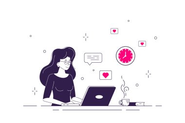 Resepsiyondaki genç kadın dizüstü bilgisayarda çalışıyor. İş kadını ya da şirket çalışanı. Web sitesi, sunum ve tanıtım materyalleri için düz bir illüstrasyon