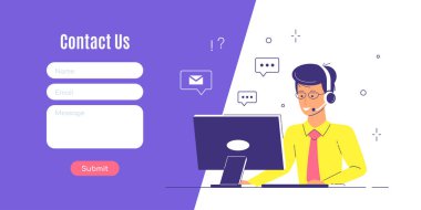 Web ve İniş Sayfası için bizimle bağlantı kurun. Kulaklıklı ve dizüstü bilgisayarı olan bir adam. Destek, yardım ve çağrı merkezi kavramını kabul et. 