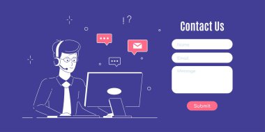 Web ve İniş Sayfası için bizimle bağlantı kurun. Kulaklıklı ve dizüstü bilgisayarı olan bir adam. Destek, yardım ve çağrı merkezi kavramını kabul et. 