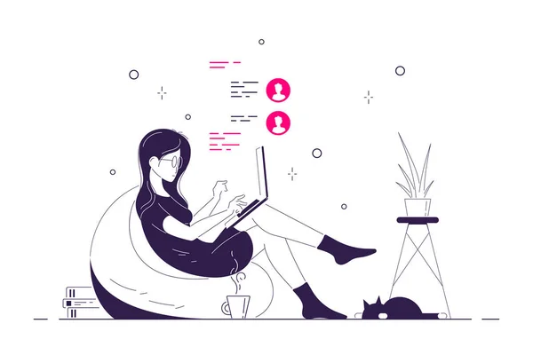 自宅で椅子に座ってコンピュータに取り組んでいる若い女性 リモートワーク ホームオフィス 自己隔離の概念 白を基調としたフラットスタイルのラインアートイラスト — ストックベクタ