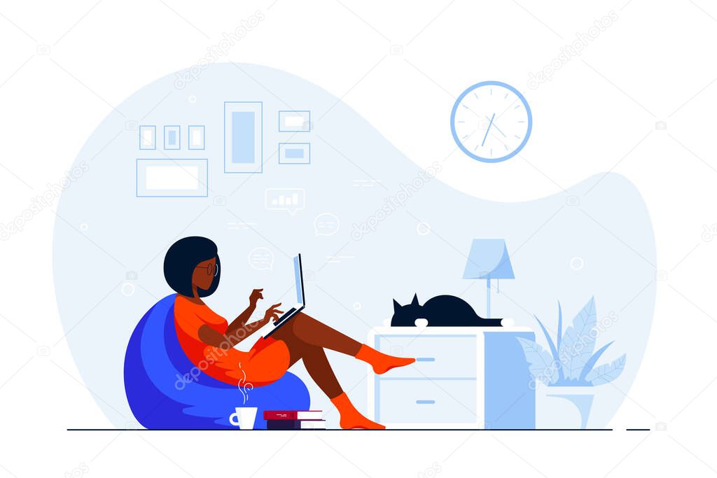 Young black woman at home sitting in chair bag and working on computer. Remote working, home office, self isolation concept. Flat style illustration, isolated on white background.