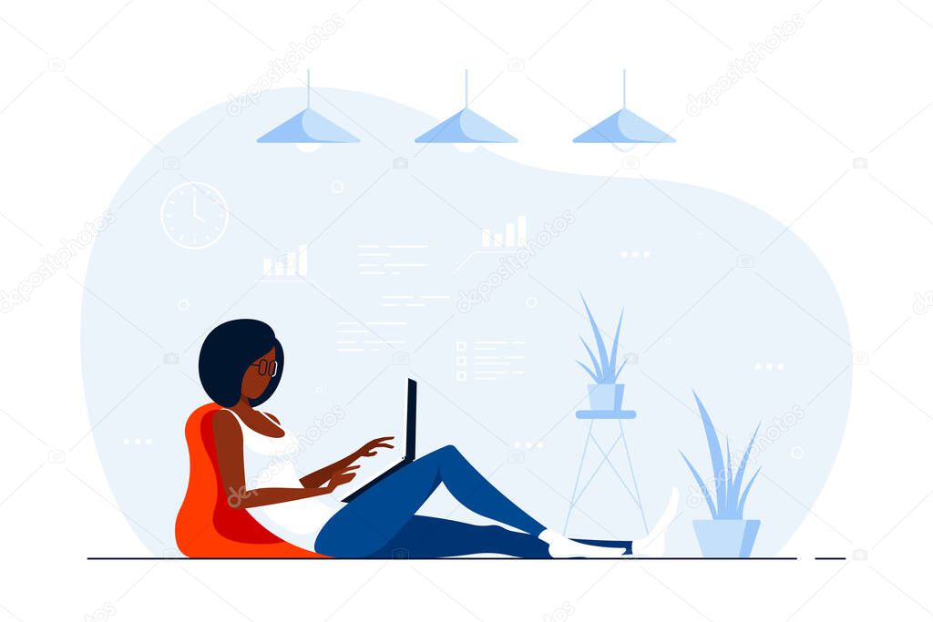 Young black woman at home sitting on the floor and working on computer. Remote working, home office, self isolation concept. Flat style illustration, isolated on white background.
