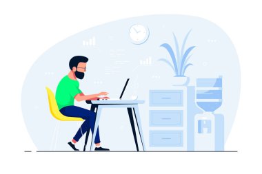 Ofisteki masada dizüstü bilgisayarda çalışan genç bir adam. Düz biçim illüstrasyonu