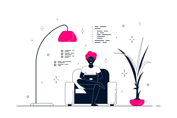 若い黒人男性が椅子に座ってコンピュータに取り組んでいる リモートワーク ホームオフィス 自己隔離の概念 白を基調としたフラットスタイルのラインアートイラスト — ストックベクタ