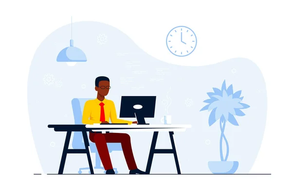 年轻的黑人商人在办公室的电脑上工作 平面风格插图 — 图库矢量图片