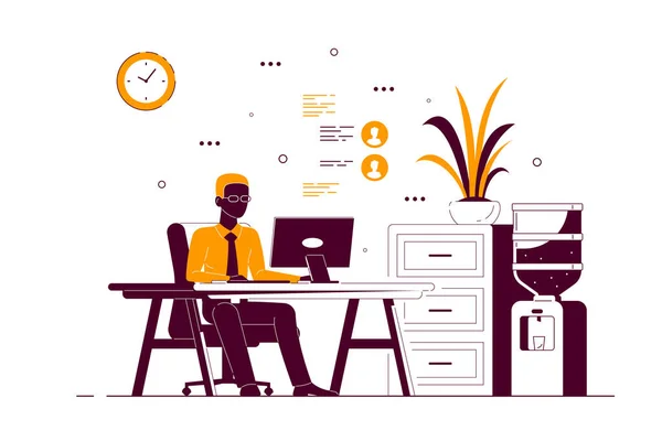 事務所の机でコンピューターの仕事をしている若い黒人のビジネスマン フラットスタイルラインアートイラスト — ストックベクタ