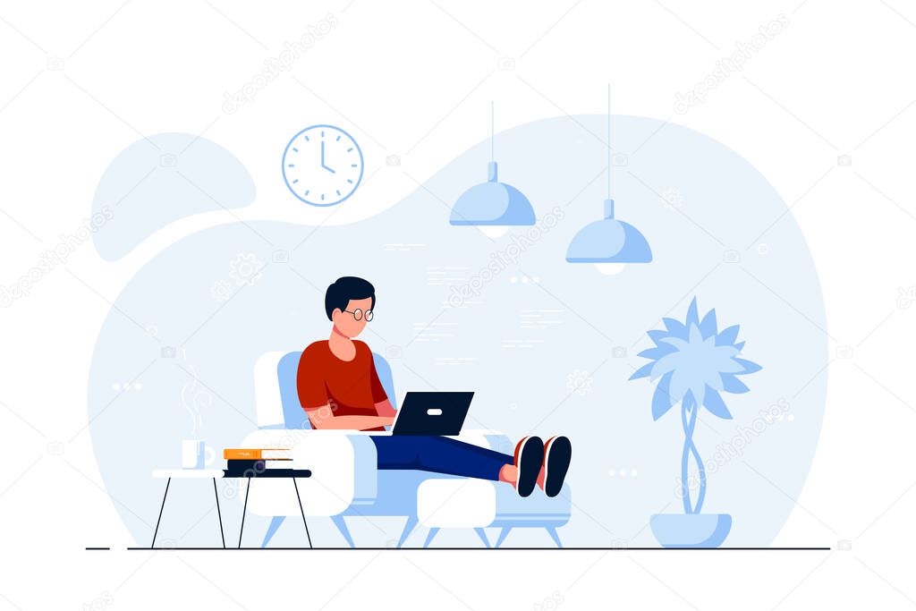 Young man at home sitting in chair and working on computer. Remote working, home office, self isolation concept. Flat style illustration, isolated on white background.