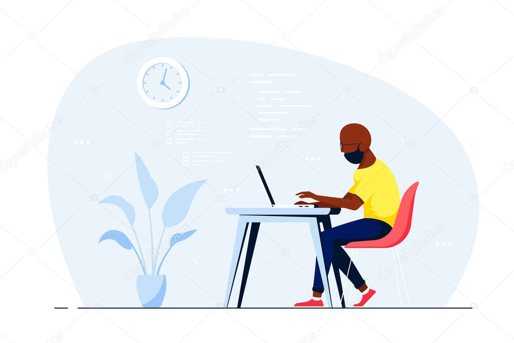 Young black man working on laptop at the desk in office. Flat style illustration